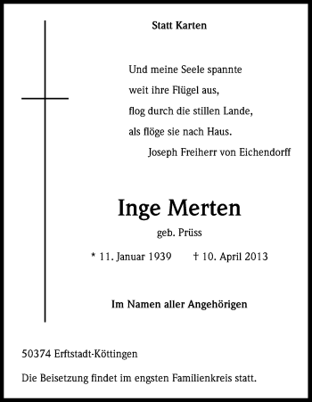 Anzeige von Inge Merten von Kölner Stadt-Anzeiger / Kölnische Rundschau / Express
