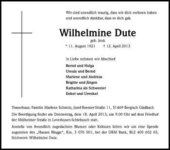 Anzeige von Wilhelmine Dute von Kölner Stadt-Anzeiger / Kölnische Rundschau / Express