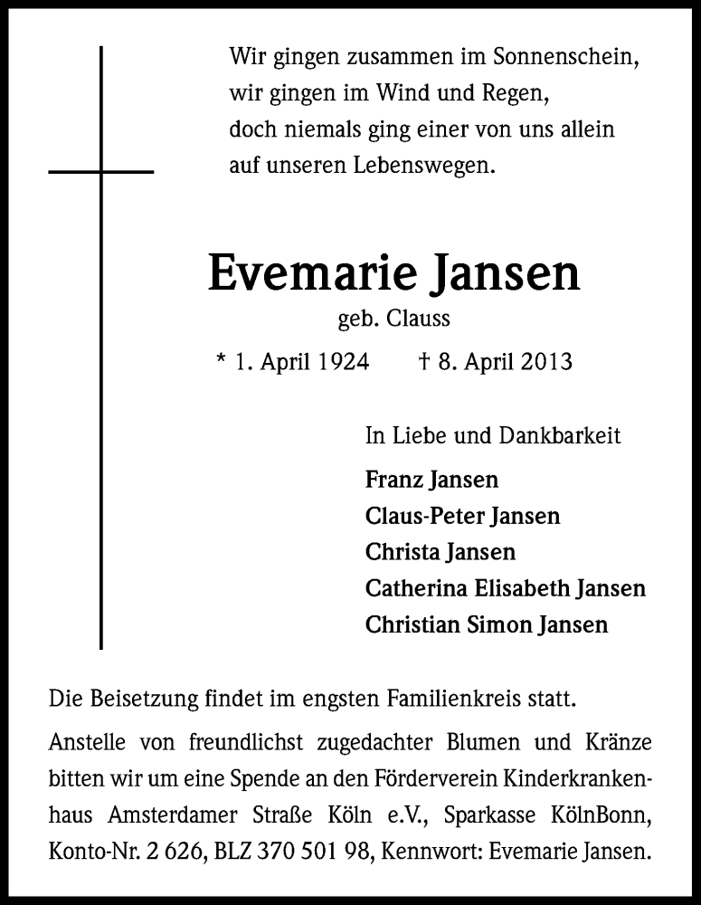  Traueranzeige für Evemaria Jansen vom 20.04.2013 aus Kölner Stadt-Anzeiger / Kölnische Rundschau / Express