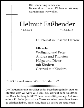 Anzeige von Helmut Faßbender von Kölner Stadt-Anzeiger / Kölnische Rundschau / Express
