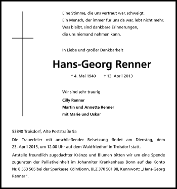 Anzeige von Hans-Georg Renner von Kölner Stadt-Anzeiger / Kölnische Rundschau / Express