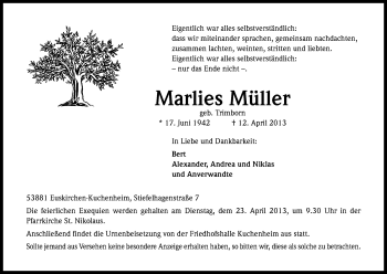 Anzeige von Marlies Müller von Kölner Stadt-Anzeiger / Kölnische Rundschau / Express