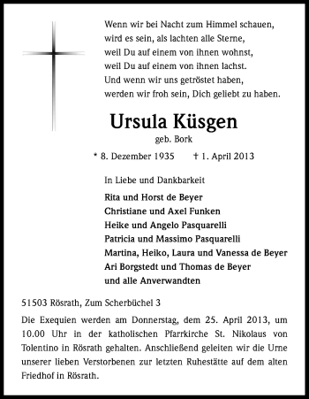 Anzeige von Ursula Küsgen von Kölner Stadt-Anzeiger / Kölnische Rundschau / Express