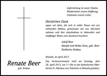 Anzeige von Renate Beer von Kölner Stadt-Anzeiger / Kölnische Rundschau / Express