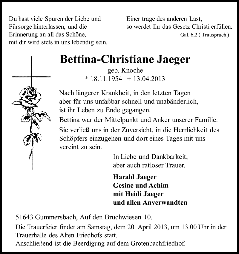  Traueranzeige für Bettina-Christiane Jaeger vom 17.04.2013 aus Kölner Stadt-Anzeiger / Kölnische Rundschau / Express