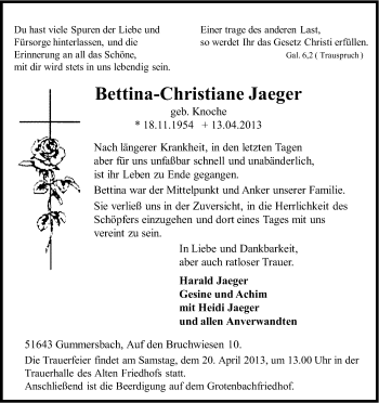 Anzeige von Bettina-Christiane Jaeger von Kölner Stadt-Anzeiger / Kölnische Rundschau / Express