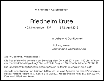 Anzeige von Friedhelm Kruse von Kölner Stadt-Anzeiger / Kölnische Rundschau / Express