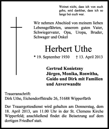 Anzeige von Herbert Uthe von Kölner Stadt-Anzeiger / Kölnische Rundschau / Express