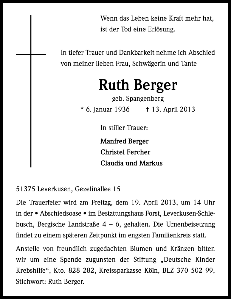  Traueranzeige für Ruth Berger vom 17.04.2013 aus Kölner Stadt-Anzeiger / Kölnische Rundschau / Express