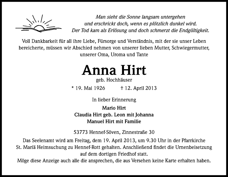  Traueranzeige für Anna Hirt vom 17.04.2013 aus Kölner Stadt-Anzeiger / Kölnische Rundschau / Express