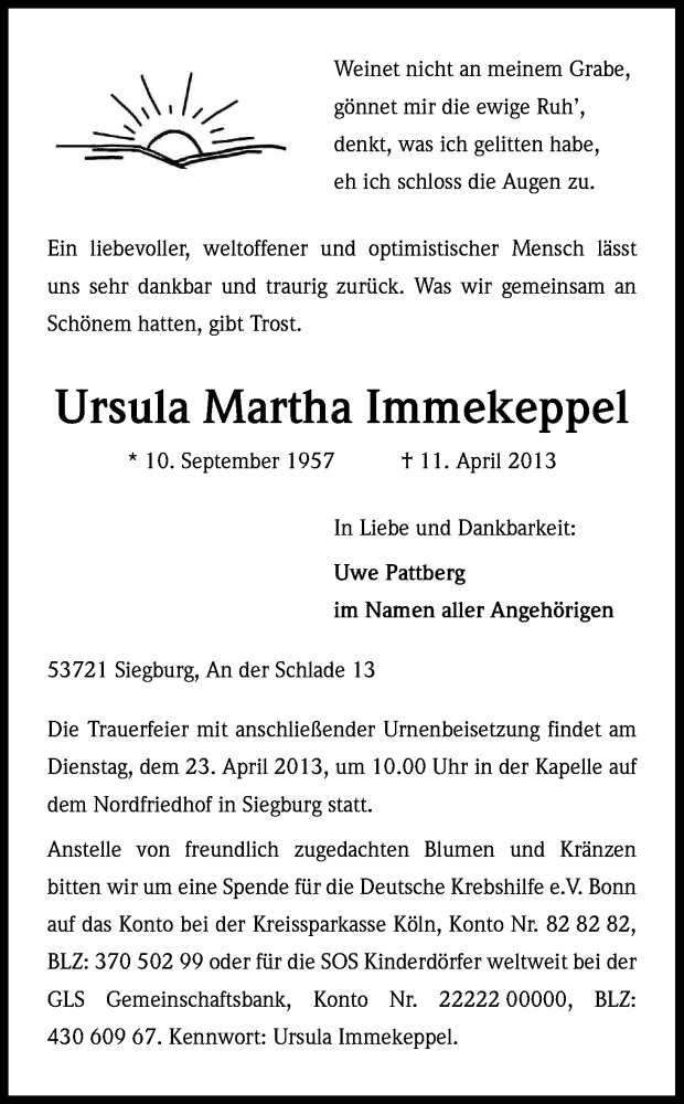  Traueranzeige für Ursula Martha Immekeppel vom 20.04.2013 aus Kölner Stadt-Anzeiger / Kölnische Rundschau / Express