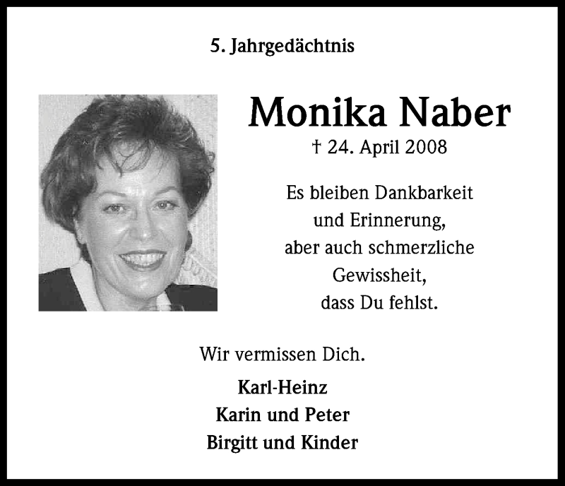  Traueranzeige für Monika Naber vom 24.04.2013 aus Kölner Stadt-Anzeiger / Kölnische Rundschau / Express