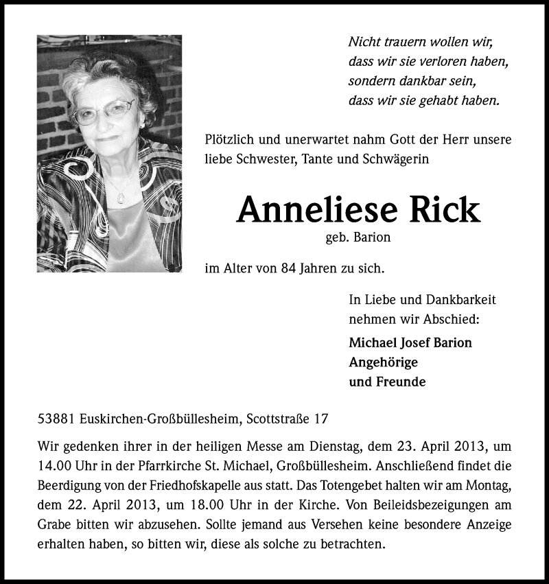  Traueranzeige für Anneliese Rick vom 17.04.2013 aus Kölner Stadt-Anzeiger / Kölnische Rundschau / Express