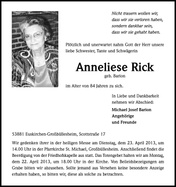 Anzeige von Anneliese Rick von Kölner Stadt-Anzeiger / Kölnische Rundschau / Express
