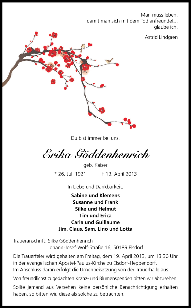  Traueranzeige für Erika Göddenhenrich vom 17.04.2013 aus Kölner Stadt-Anzeiger / Kölnische Rundschau / Express
