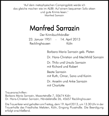 Anzeige von Manfred Sarrazin von Kölner Stadt-Anzeiger / Kölnische Rundschau / Express