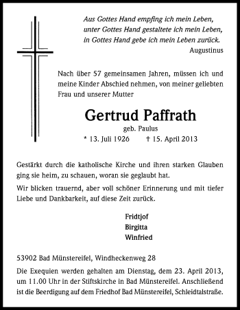 Anzeige von Gertrud Paffrath von Kölner Stadt-Anzeiger / Kölnische Rundschau / Express