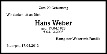 Anzeige von Hans Weber von Kölner Stadt-Anzeiger / Kölnische Rundschau / Express
