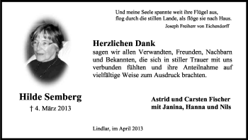 Anzeige von Hilde Semberg von Kölner Stadt-Anzeiger / Kölnische Rundschau / Express