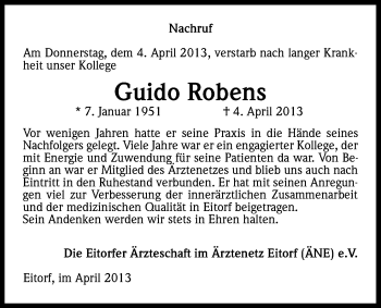 Anzeige von Guido Robens von Kölner Stadt-Anzeiger / Kölnische Rundschau / Express