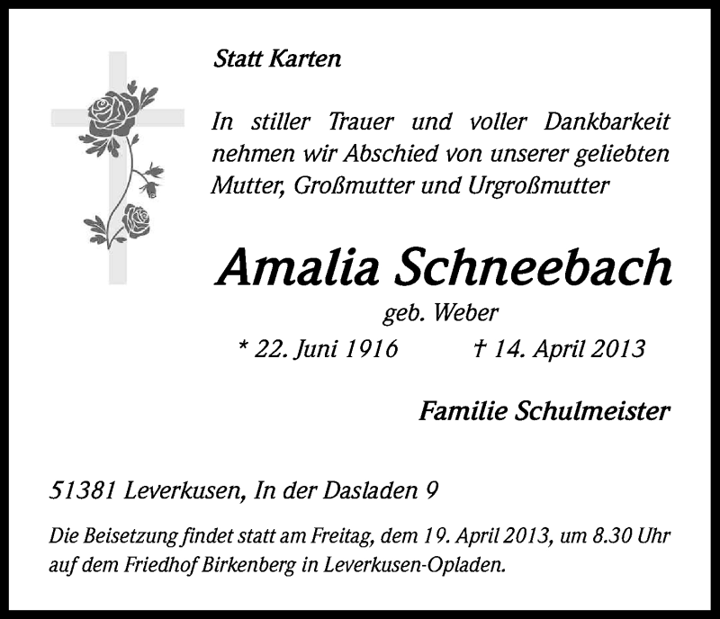  Traueranzeige für Amalia Schneebach vom 17.04.2013 aus Kölner Stadt-Anzeiger / Kölnische Rundschau / Express