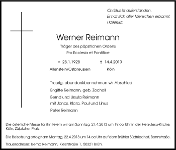 Anzeige von Werner Reimann von Kölner Stadt-Anzeiger / Kölnische Rundschau / Express