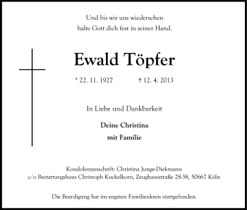 Anzeige von Ewald Töpfer von Kölner Stadt-Anzeiger / Kölnische Rundschau / Express