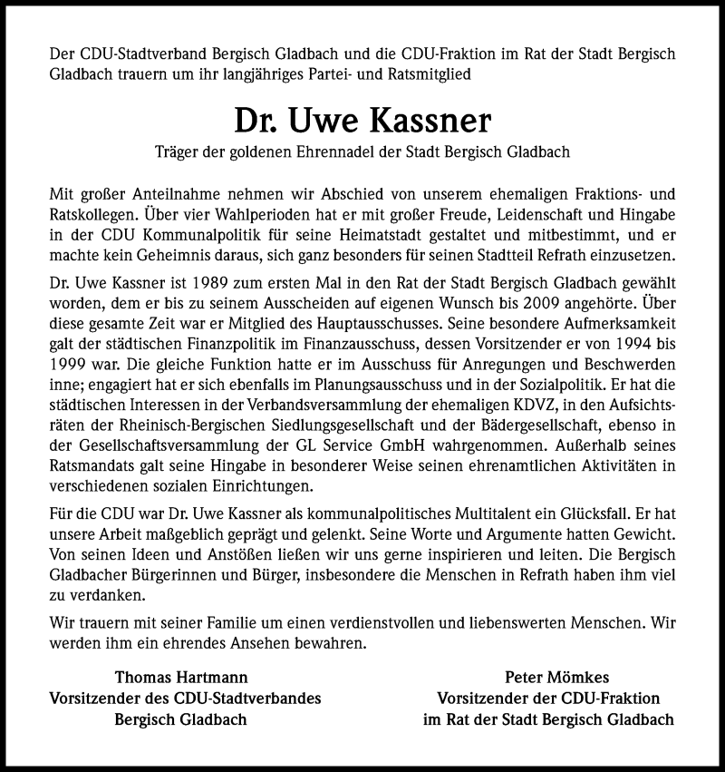  Traueranzeige für Uwe Kassner vom 17.04.2013 aus Kölner Stadt-Anzeiger / Kölnische Rundschau / Express