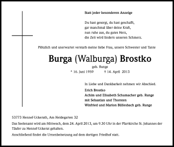 Anzeige von Burga Brostko von Kölner Stadt-Anzeiger / Kölnische Rundschau / Express
