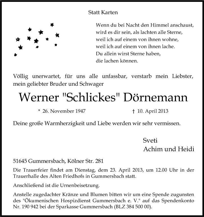  Traueranzeige für Werner Dörnemann vom 17.04.2013 aus Kölner Stadt-Anzeiger / Kölnische Rundschau / Express