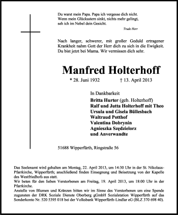 Anzeige von Manfred Holterhoff von Kölner Stadt-Anzeiger / Kölnische Rundschau / Express