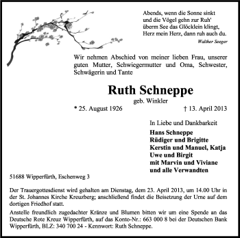 Anzeige von Ruth Schneppe von Kölner Stadt-Anzeiger / Kölnische Rundschau / Express