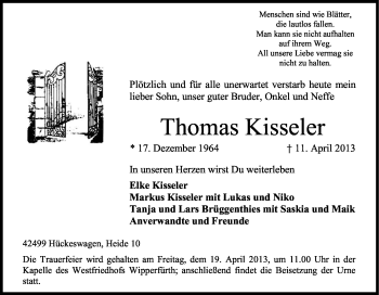 Anzeige von Thomas Kisseler von Kölner Stadt-Anzeiger / Kölnische Rundschau / Express