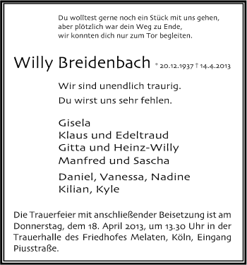 Anzeige von Willy Breidenbach von Kölner Stadt-Anzeiger / Kölnische Rundschau / Express