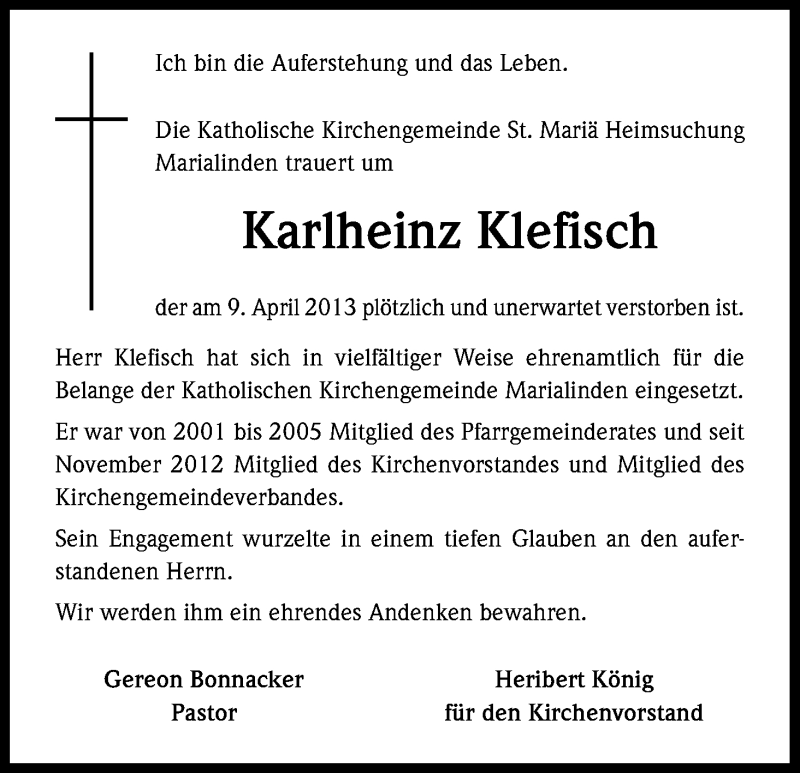  Traueranzeige für Karlheinz Klefisch vom 20.04.2013 aus Kölner Stadt-Anzeiger / Kölnische Rundschau / Express