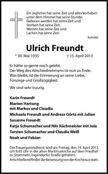 Anzeige von Ulrich Freundt von Kölner Stadt-Anzeiger / Kölnische Rundschau / Express