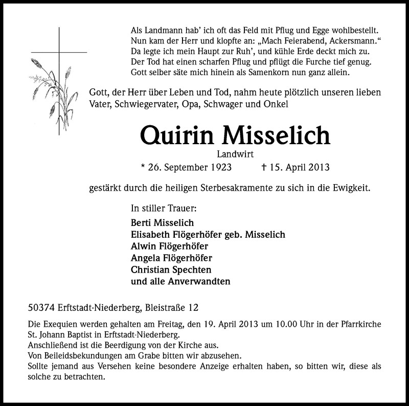  Traueranzeige für Quirin Misselich vom 17.04.2013 aus Kölner Stadt-Anzeiger / Kölnische Rundschau / Express