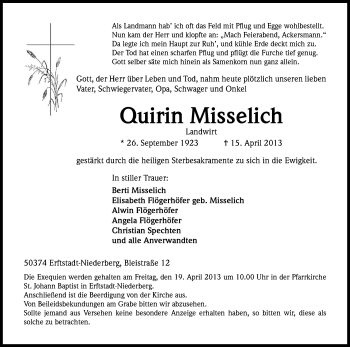 Anzeige von Quirin Misselich von Kölner Stadt-Anzeiger / Kölnische Rundschau / Express