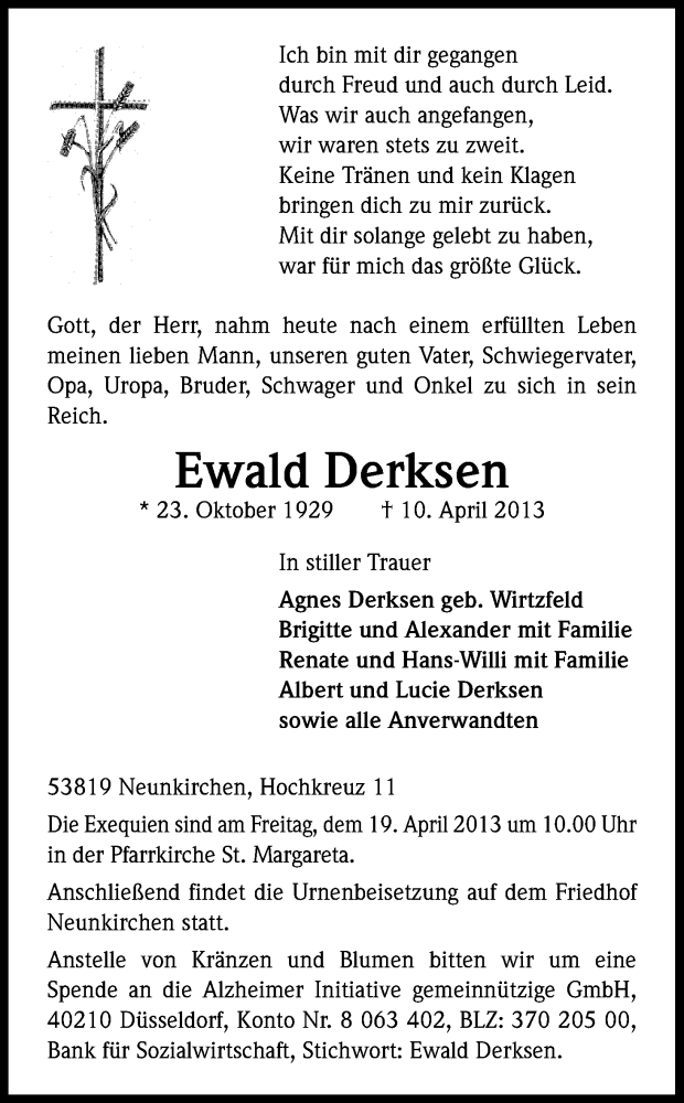  Traueranzeige für Ewald Derksen vom 17.04.2013 aus Kölner Stadt-Anzeiger / Kölnische Rundschau / Express