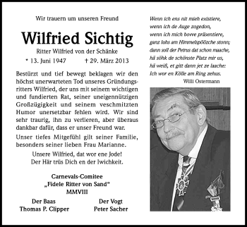 Anzeige von Wilfried Sichtig von Kölner Stadt-Anzeiger / Kölnische Rundschau / Express