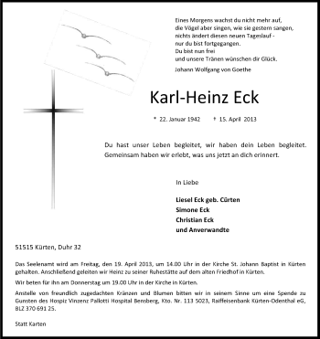 Anzeige von Karl-Heinz Eck von Kölner Stadt-Anzeiger / Kölnische Rundschau / Express