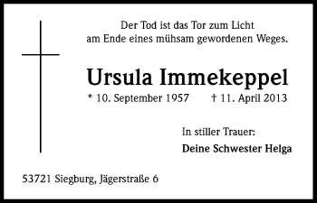 Anzeige von Ursula Immekeppel von Kölner Stadt-Anzeiger / Kölnische Rundschau / Express