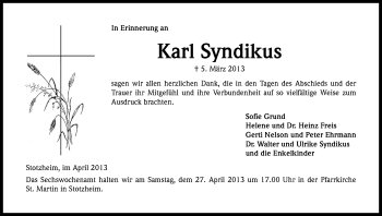 Anzeige von Karl Syndikus von Kölner Stadt-Anzeiger / Kölnische Rundschau / Express