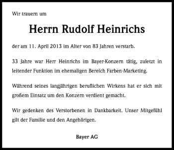 Anzeige von Rudolf Heinrichs von Kölner Stadt-Anzeiger / Kölnische Rundschau / Express