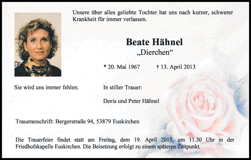  Traueranzeige für Beate Hähnel vom 17.04.2013 aus Kölner Stadt-Anzeiger / Kölnische Rundschau / Express