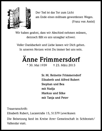 Anzeige von Änne Frimmersdorf von Kölner Stadt-Anzeiger / Kölnische Rundschau / Express