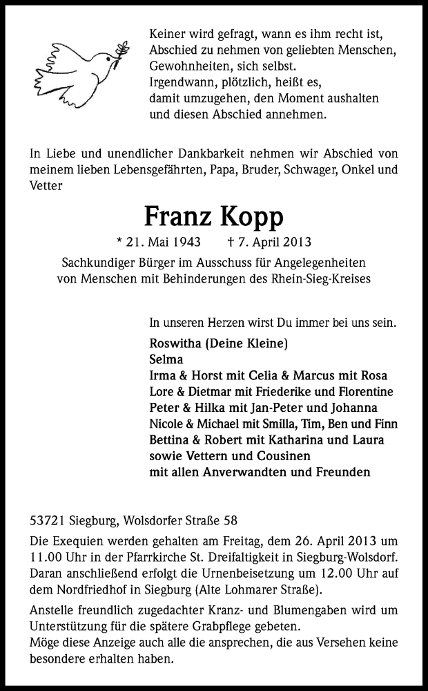  Traueranzeige für Franz Kopp vom 20.04.2013 aus Kölner Stadt-Anzeiger / Kölnische Rundschau / Express