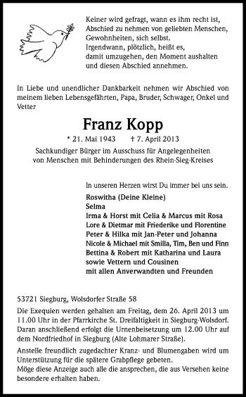 Anzeige von Franz Kopp von Kölner Stadt-Anzeiger / Kölnische Rundschau / Express