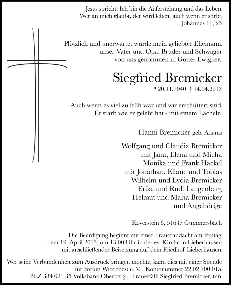  Traueranzeige für Siegfried Bremicker vom 17.04.2013 aus Kölner Stadt-Anzeiger / Kölnische Rundschau / Express