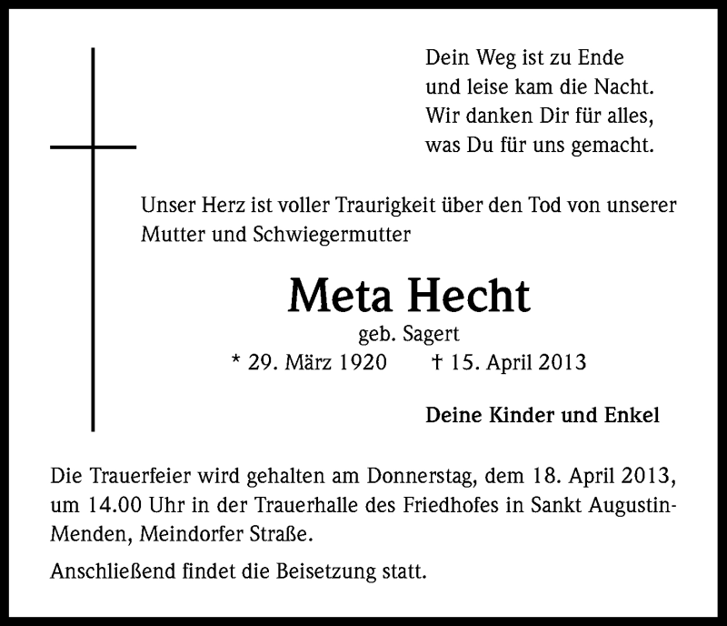  Traueranzeige für Meta Hecht vom 17.04.2013 aus Kölner Stadt-Anzeiger / Kölnische Rundschau / Express